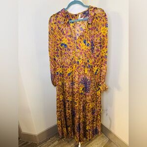 Anthropologie Yellow and Purple Floral Long Sleeve Dress